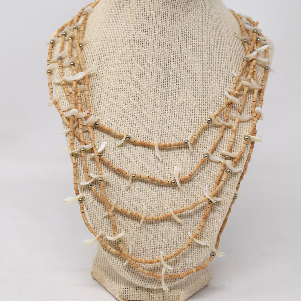 Fetish Necklace Multi Strand Birds MOP Shell Neutral Southwestern Boho Casual
